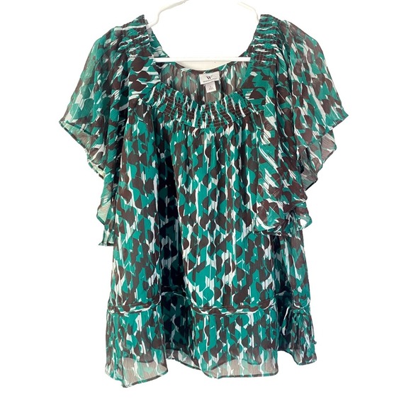 Worthington Sheer Chiffon Multi-Color Blouse Ruffle Built-in Removable Cami SZ L - Picture 1 of 6